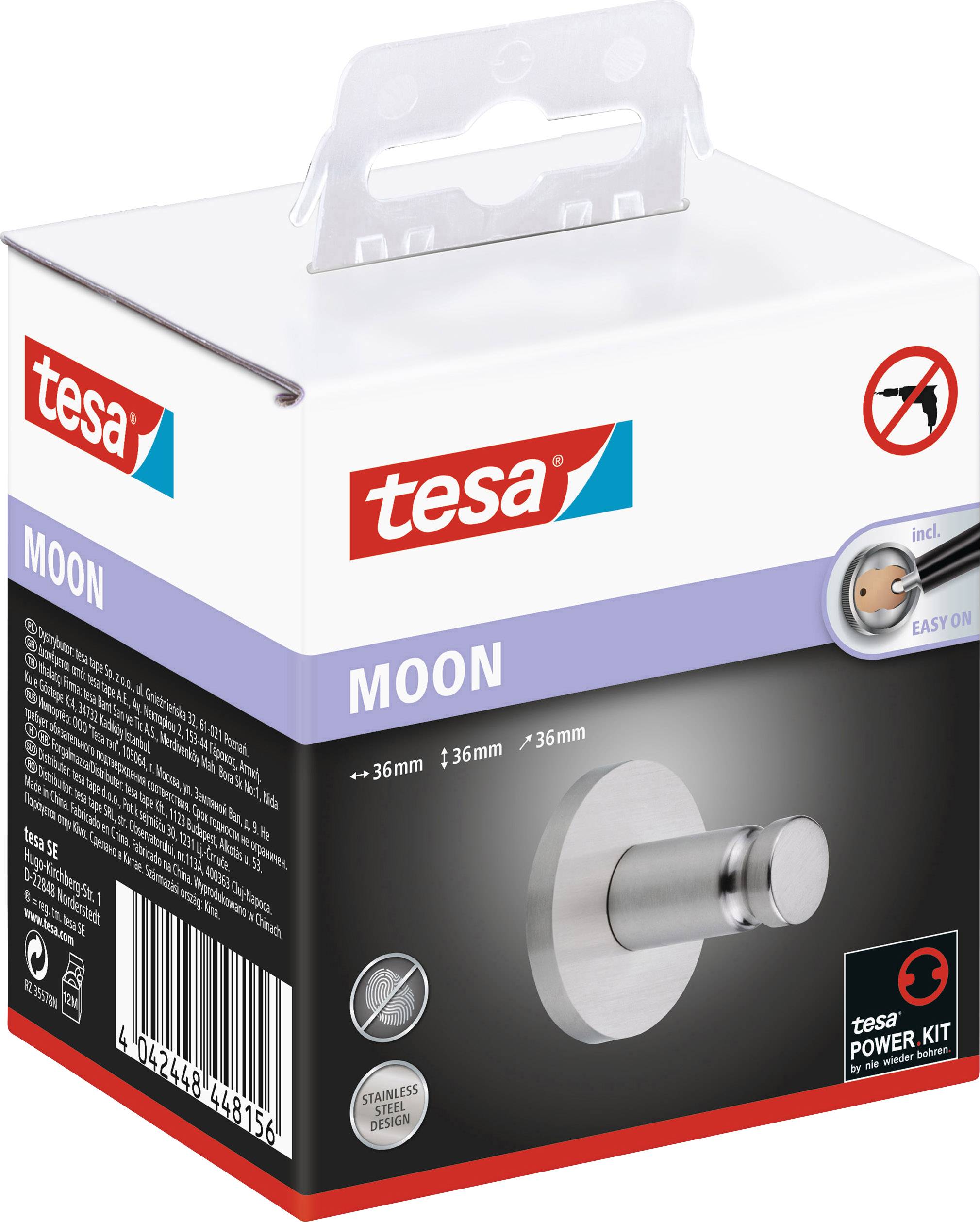 Nástěnný věšák 'tesa MOON' z nerezové oceli s háčkem, rozměr 36 mm, včetně montážní sady 'POWER.KIT', bez nutnosti vrtání.