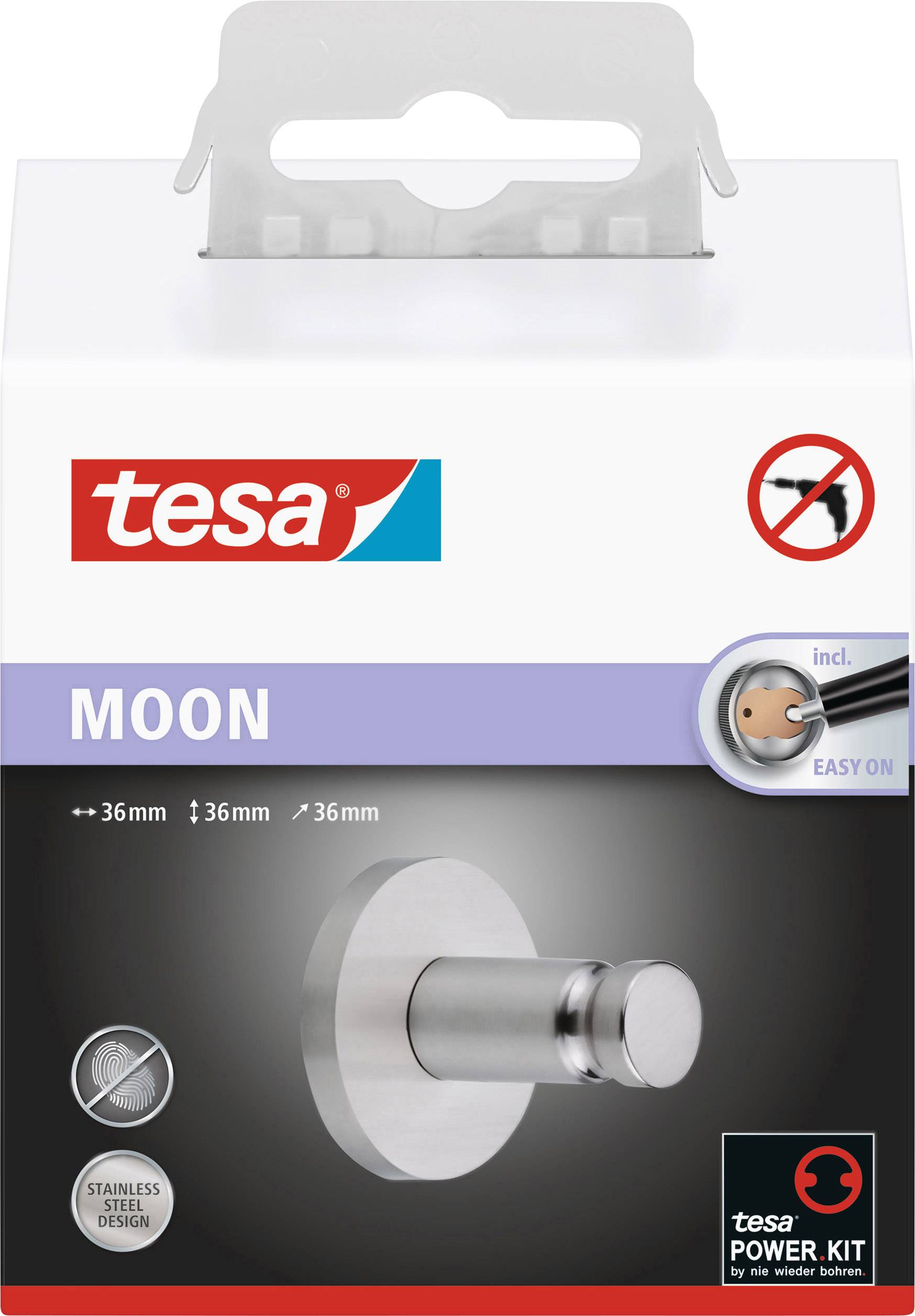 Balení nástěnného háčku značky Tesa, model 'Moon', nerezový háček 36 mm, včetně obrázkového návodu k montáži.