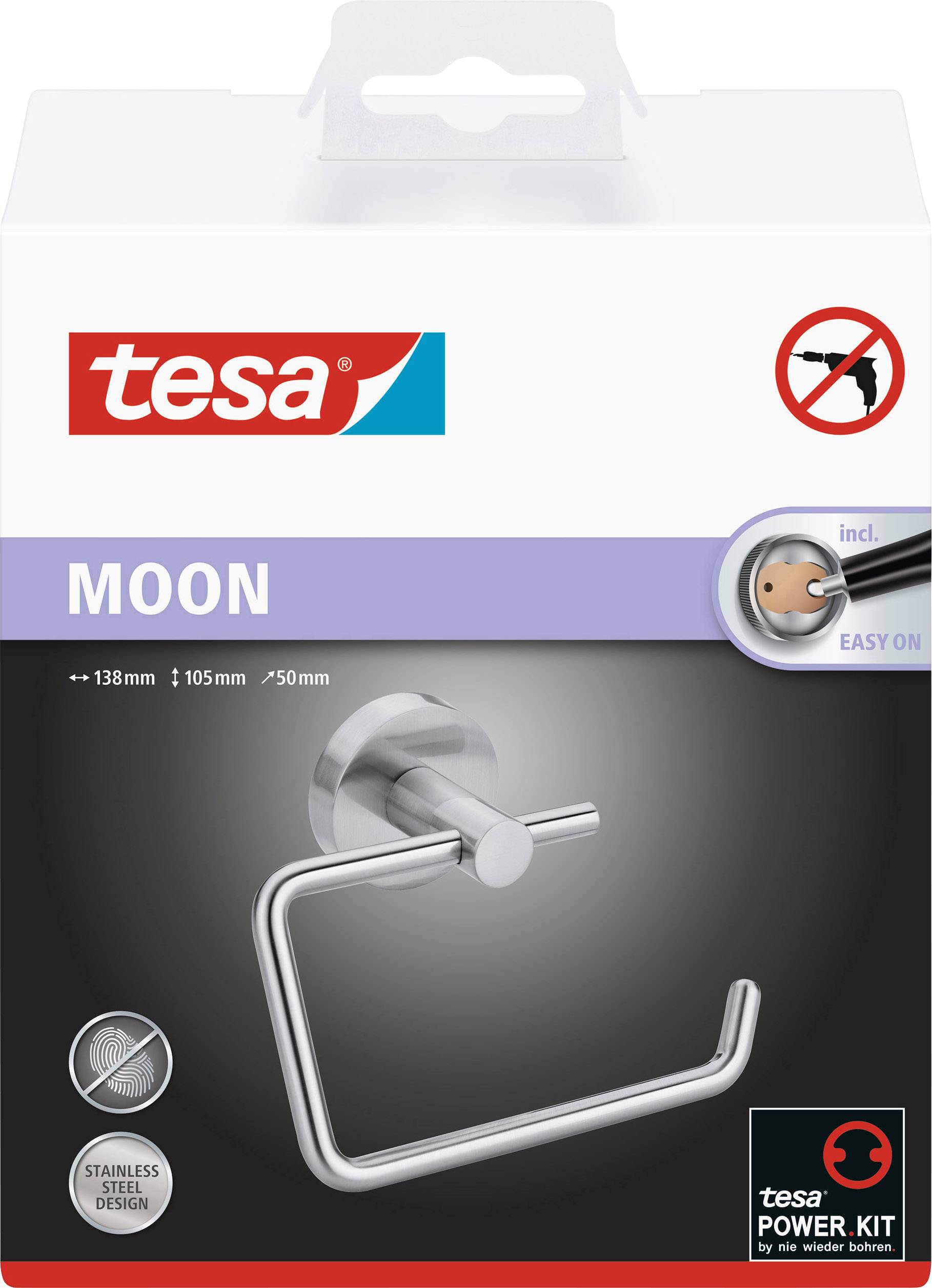 Obal držáku toaletního papíru tesa v designu 'MOON' z nerezové oceli. Obsahuje Tesa Power Kit pro snadnou montáž bez vrtání.