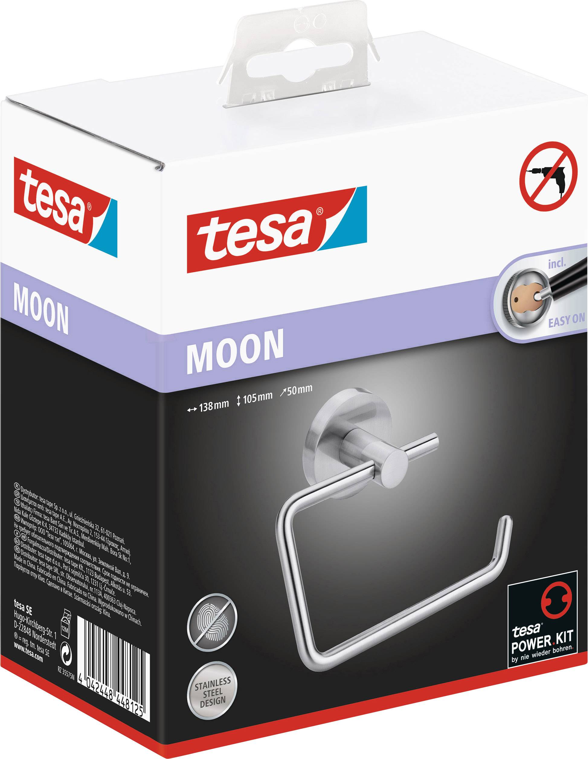 Balení držáku toaletního papíru Tesa model 'MOON', vzhled nerezové oceli, obsahuje sadu pro snadnou montáž bez vrtání.