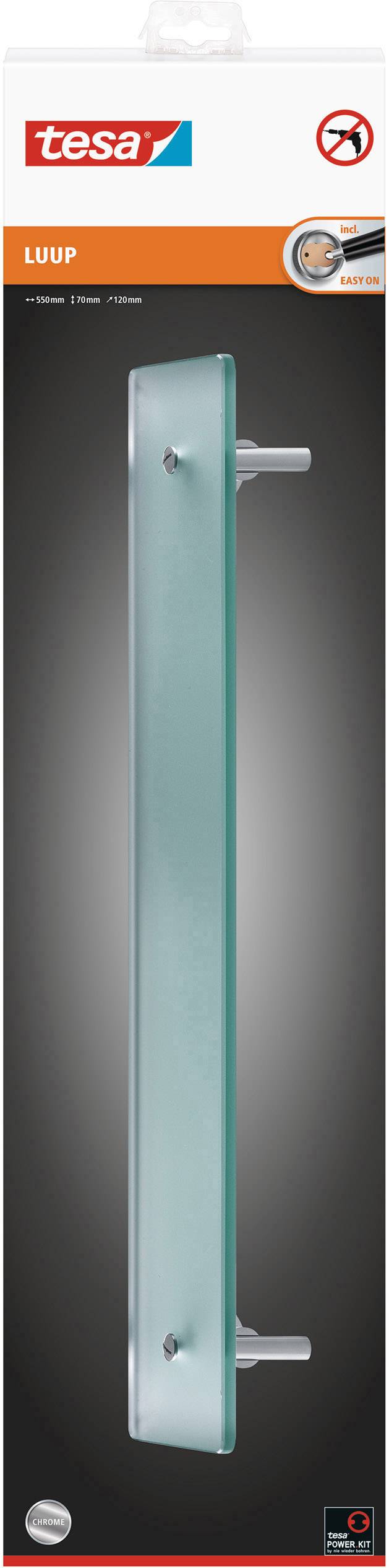 Obal samolepicího nástěnného háčku od Tesy, model 'Lup', s kovovým vzhledem a symbolem zákazu vrtání.