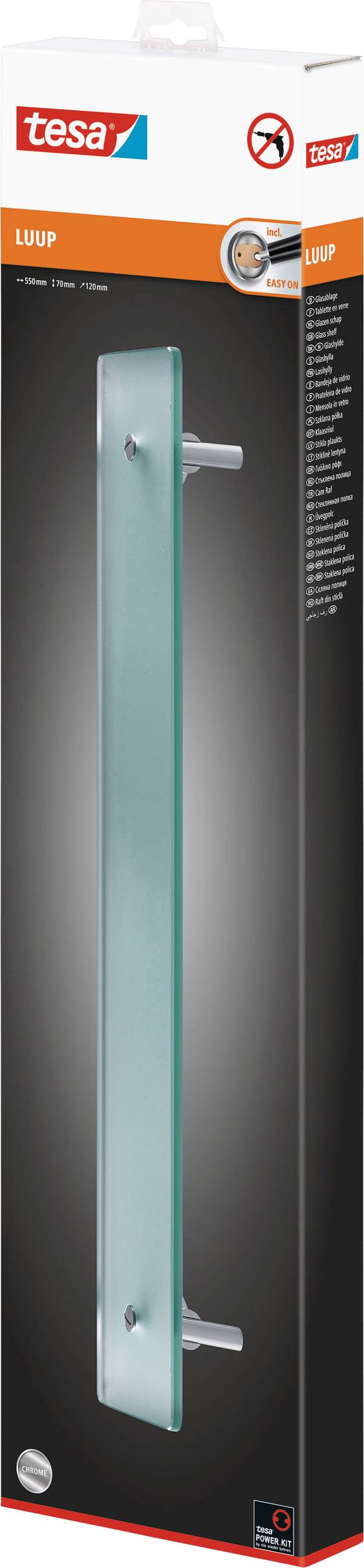 Obal držáku na ručníky tesa LUUP se skrytým úchytem, stříbrné barvy, elegantní skleněná deska, snadná montáž bez vrtání.