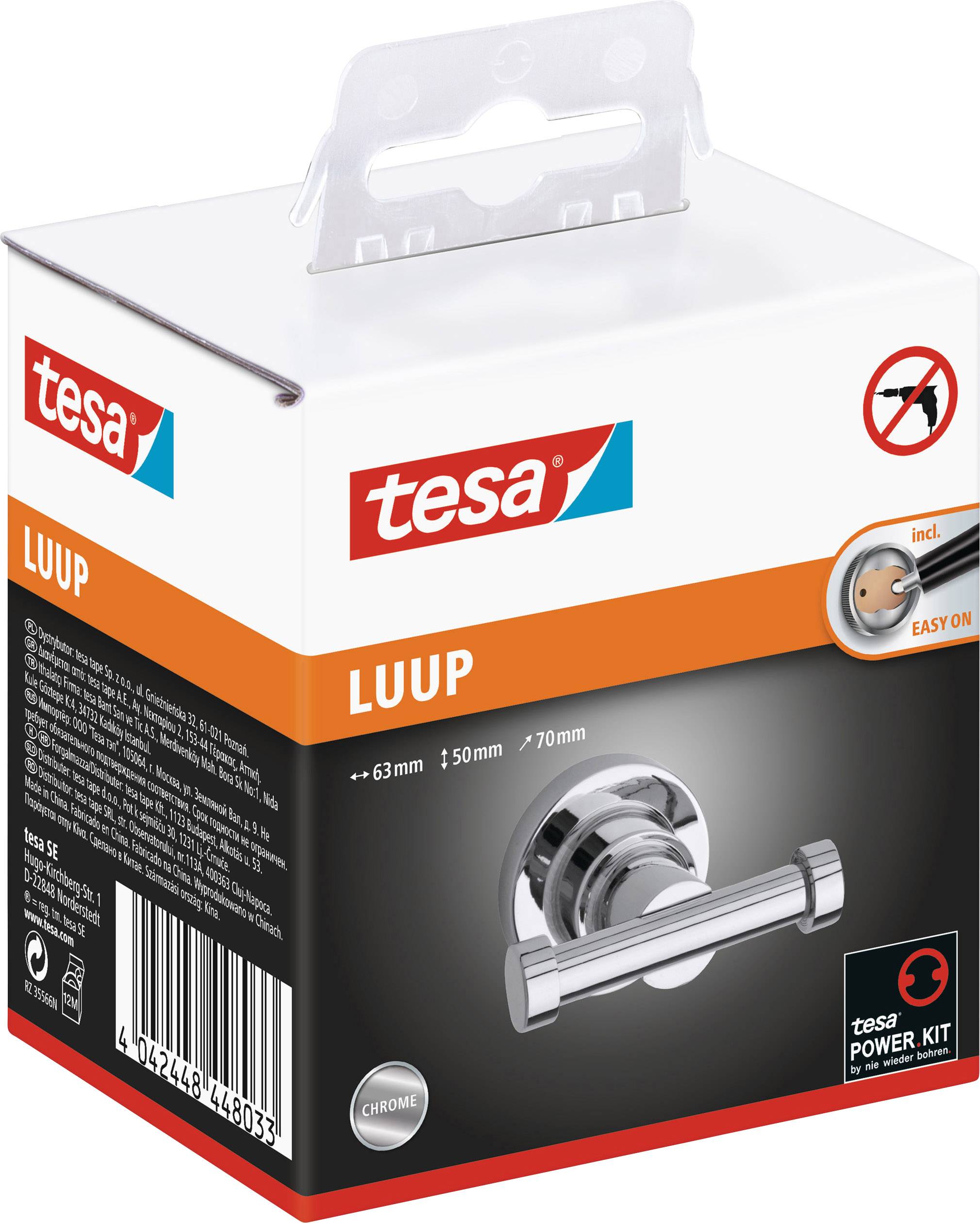 Sada kliky dveří značky tesa, model 'LUUP', s technologií Easy-On, v provedení chrom. Balení obsahuje pokyny k instalaci.