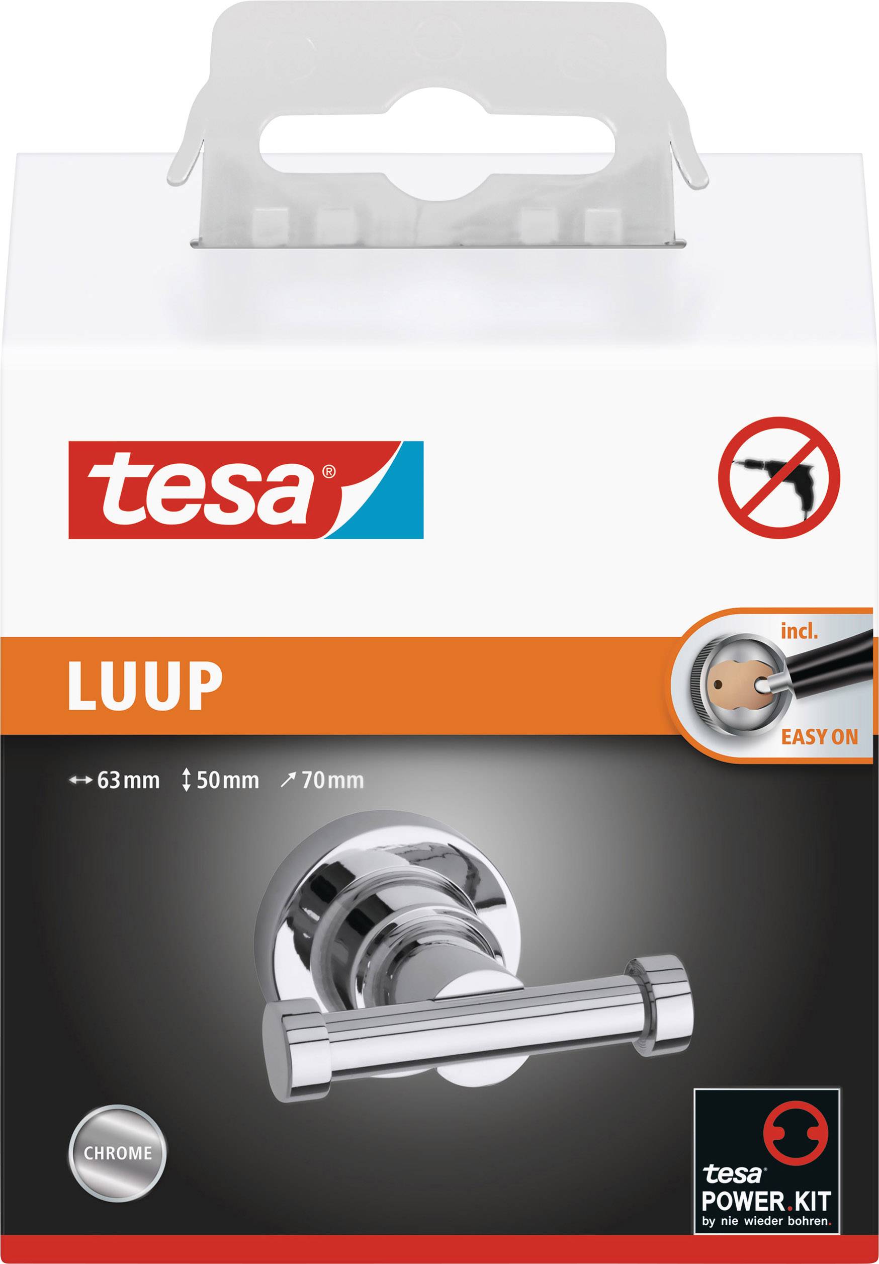 'tesa LUUP' obal produktu pro samolepicí držák ručníků v chromovém provedení. Zobrazuje montážní návod, odstraňuje potřebu vrtání. 63 mm x 50 mm x 70 mm.