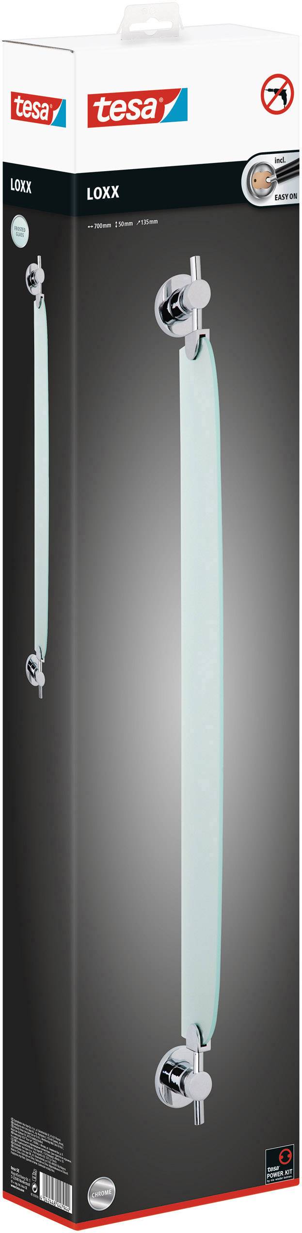 Obal tesa LOXX skleněné tyče na madlo. Zobrazuje produktový obrázek skleněného madla určeného k uchycení na stěnu.