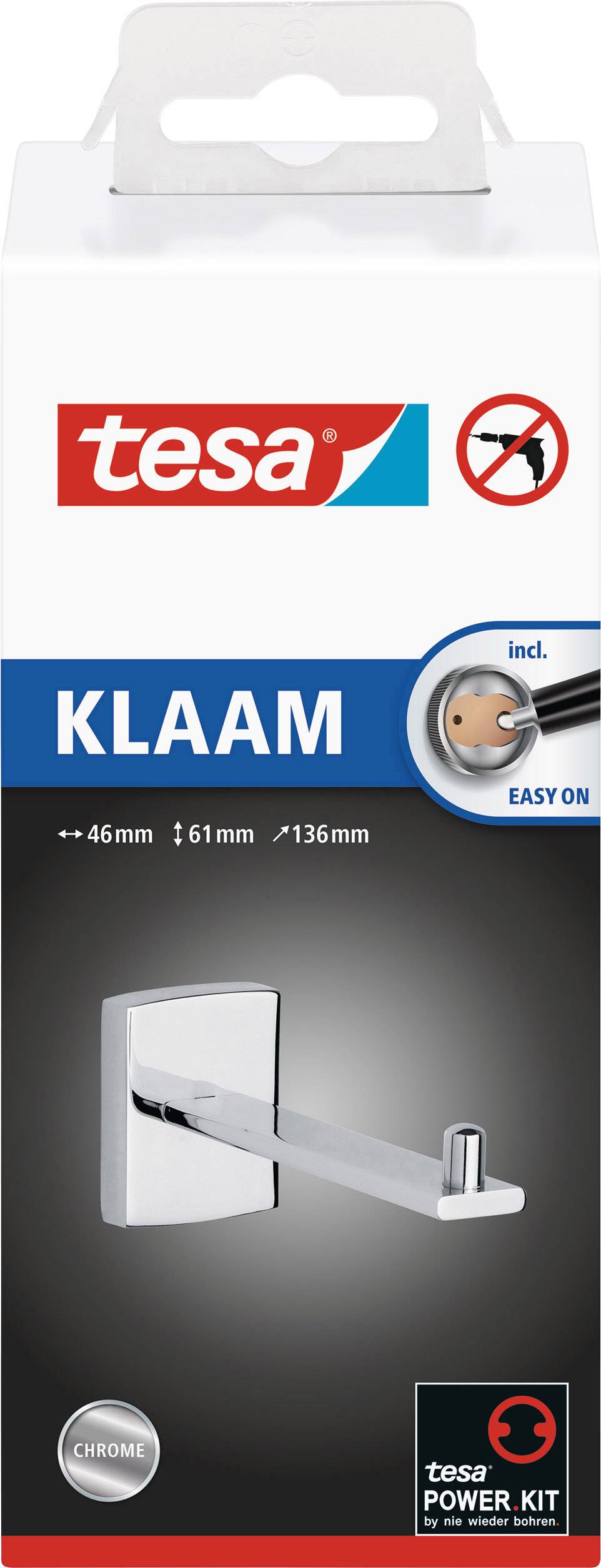 Obal produktu 'tesa KLAAM' zobrazuje chromovaný držák ručníků o rozměrech 46 mm x 61 mm x 136 mm s upozorněním 'tesa Power Kit'.