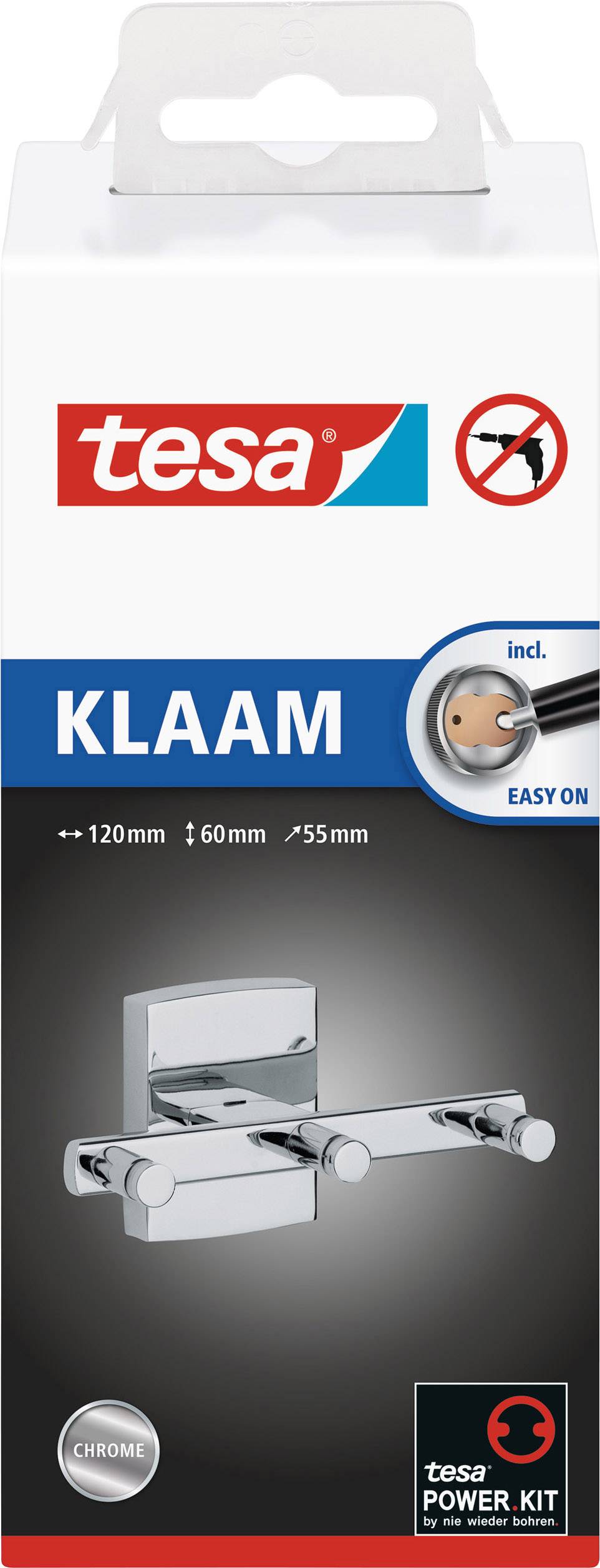 Balení držáku toaletního papíru KLAAM od firmy Tesa. Vyobrazen je chromový držák s rozměry: délka 120 mm, šířka 60 mm, hloubka 55 mm.