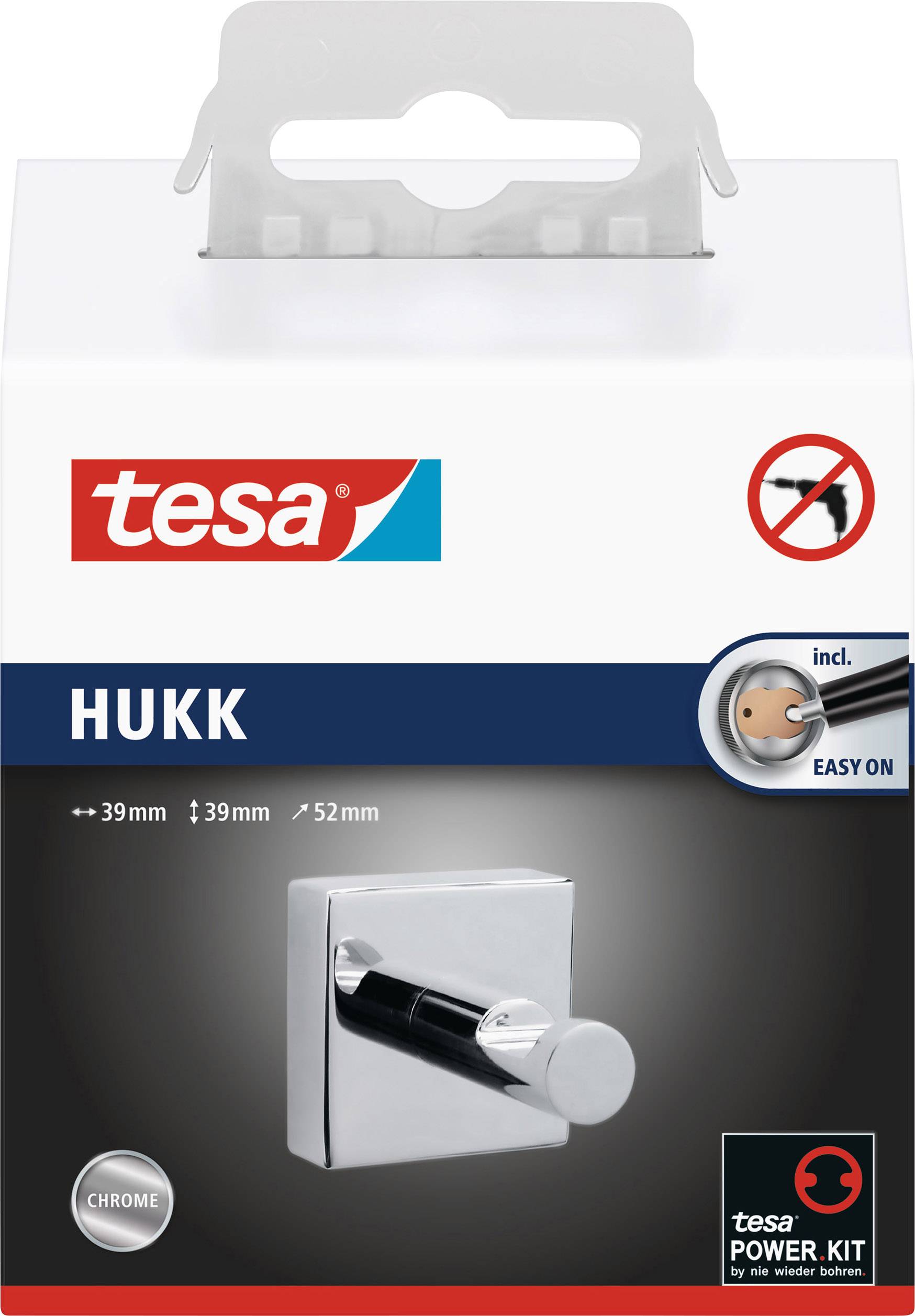 Balení nástěnného háčku tesa HUKK v chromovém provedení, včetně montážní sady Power Kit pro snadnou instalaci bez vrtání.