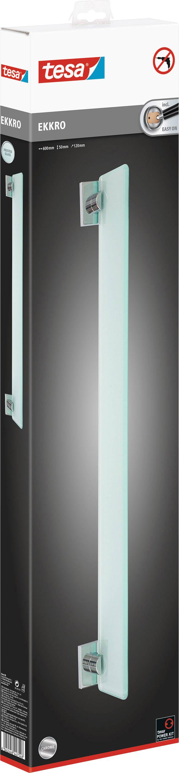 Obal samolepicí skleněné police od Tesy. Dlouhá, obdélníková police se dvěma kovovými držáky. Nevyžaduje vrtání.
