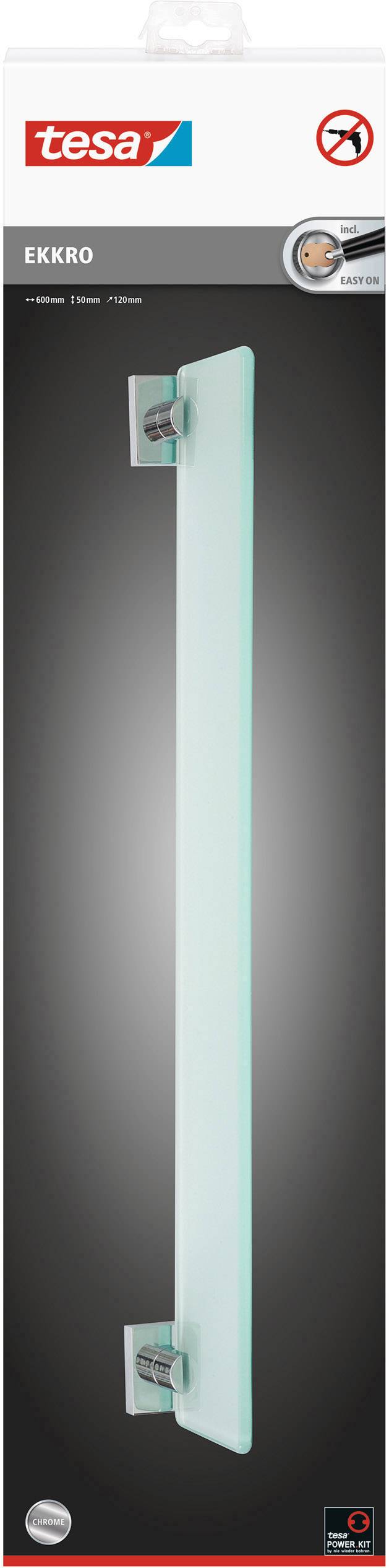 Balení skleněné koupelnové madlo Tesa Ekkro, 640 mm, s bezvrtným upevňovacím systémem.