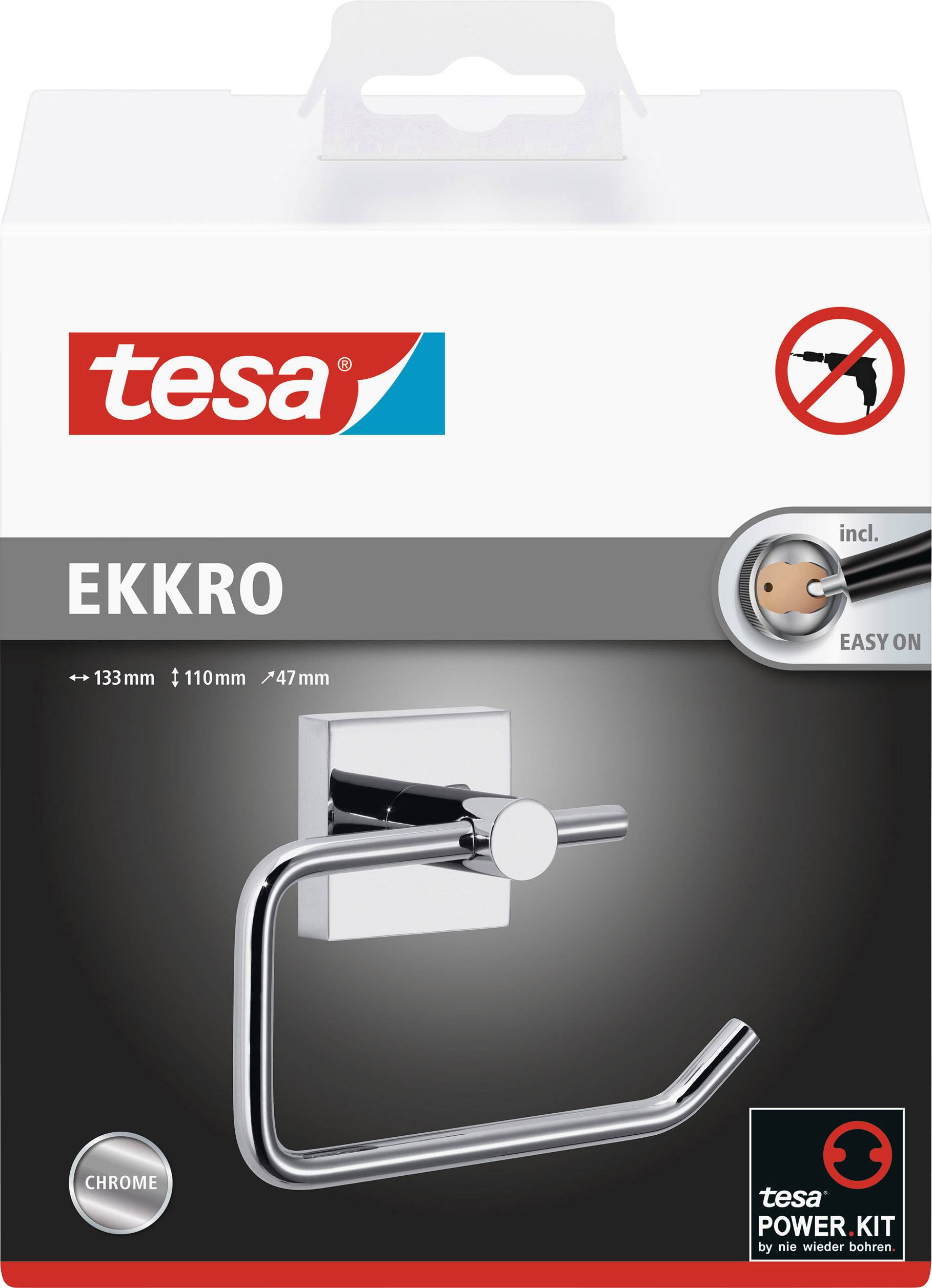 Obal kliky od společnosti "tesa" s nápisem 'EKKRO'. Zobrazuje stříbrnou kliku a zdůrazňuje montáž bez vrtání.