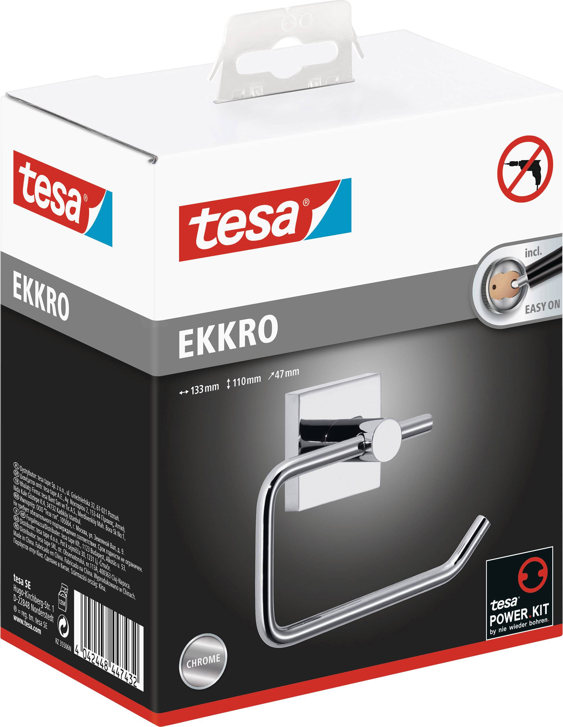 Balení stříbrného držáku ručníků značky 'tesa', model 'EKKRO', s jednoduchým montážním systémem a Power.Kit.