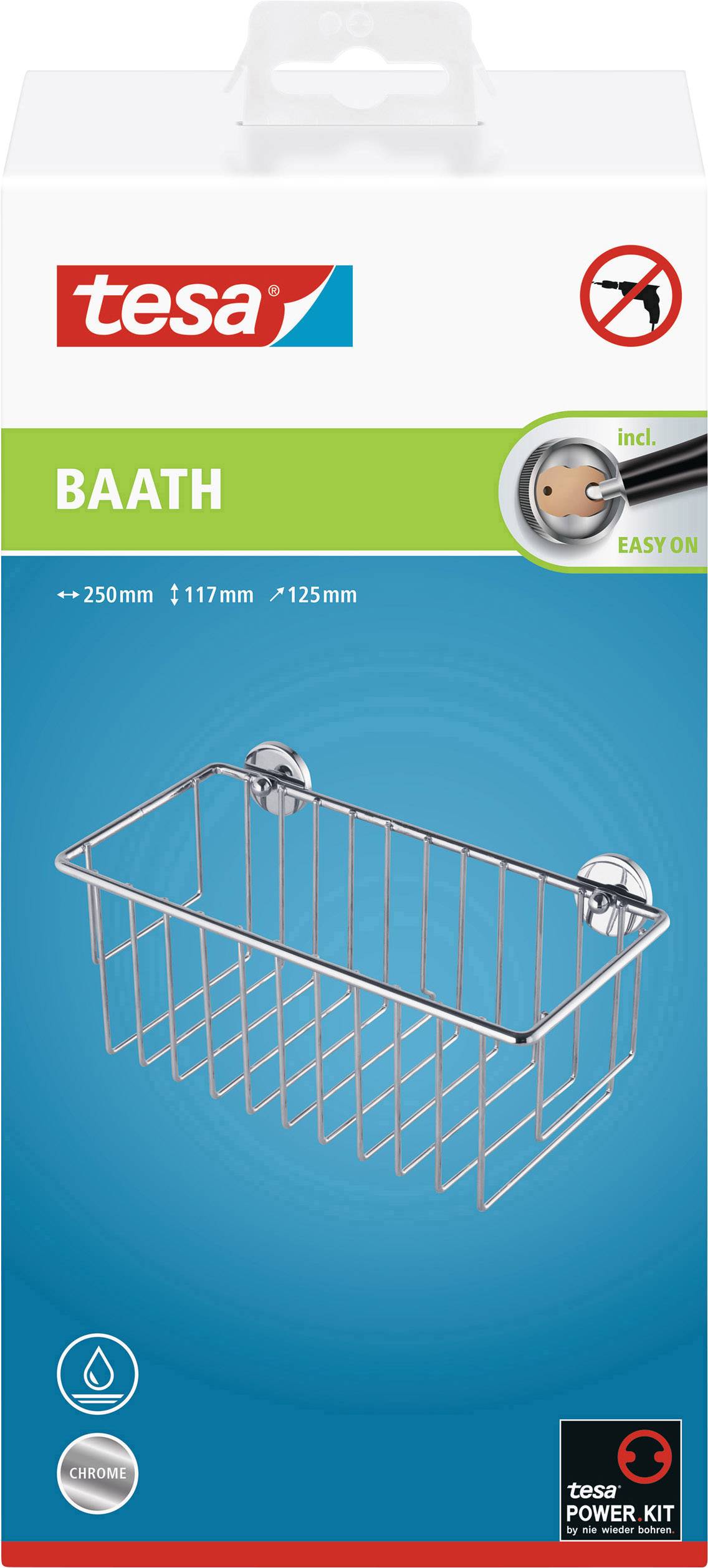 'Balení kovového koupelnového držáku od tesa, montovatelného bez vrtání, s tesa Power Kit, rozměry: 250 mm x 117 mm x 125 mm.'