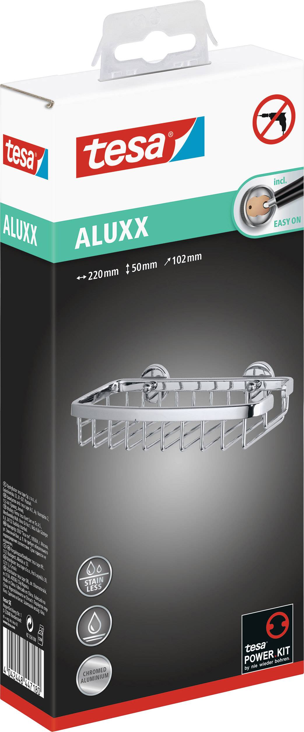 Balení police do sprchy tesa Aluxx. Zobrazuje stříbrný košík s montážním návodem. Hlavní charakteristiky: snadná instalace, bez nutnosti vrtání.