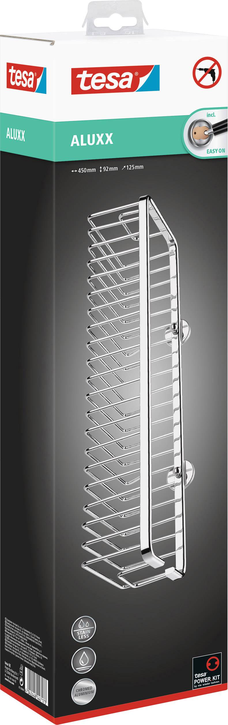 Nástěnný držák na sprchové potřeby od Tesy, model 'Aluxx', montovatelný bez vrtání. Obrázek produktu na černém pozadí.