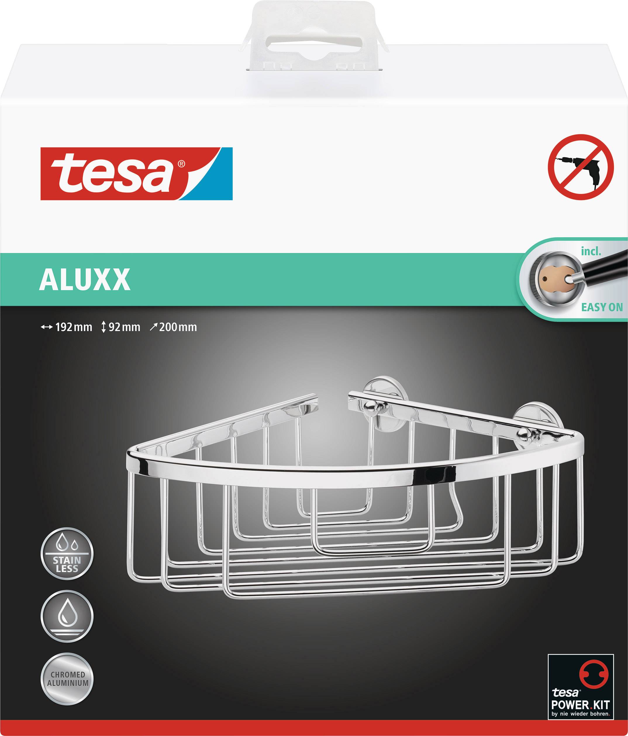 Obal sprchového košíku od firmy 'tesa' s patentovaným lepicím systémem. Obsahuje obrázek produktu a detaily k metodě upevnění.