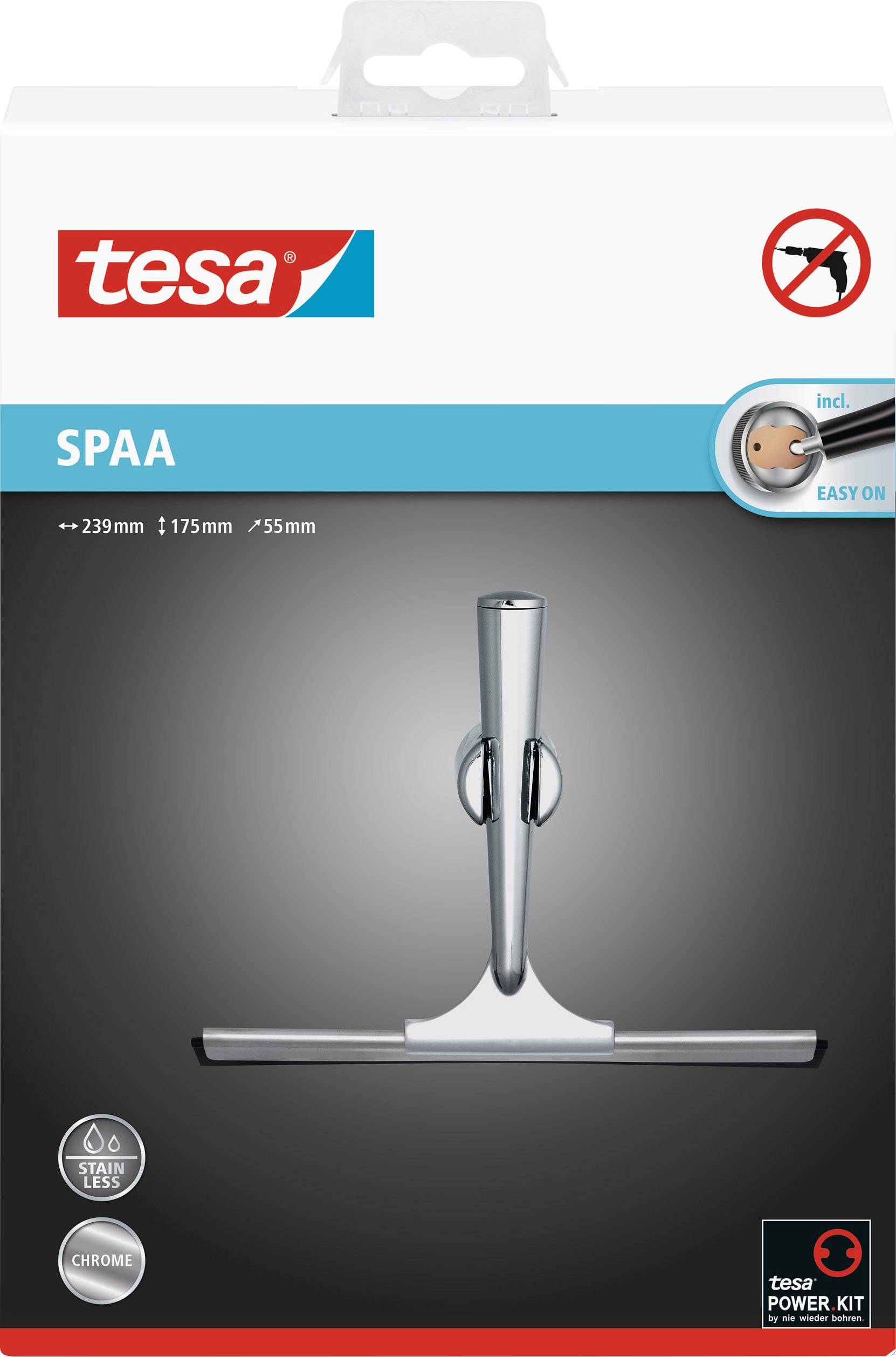 Stěrka Tesa v chromovém provedení, zabalená v krabičce s modro-červeným designem. Vhodná pro čištění skla.