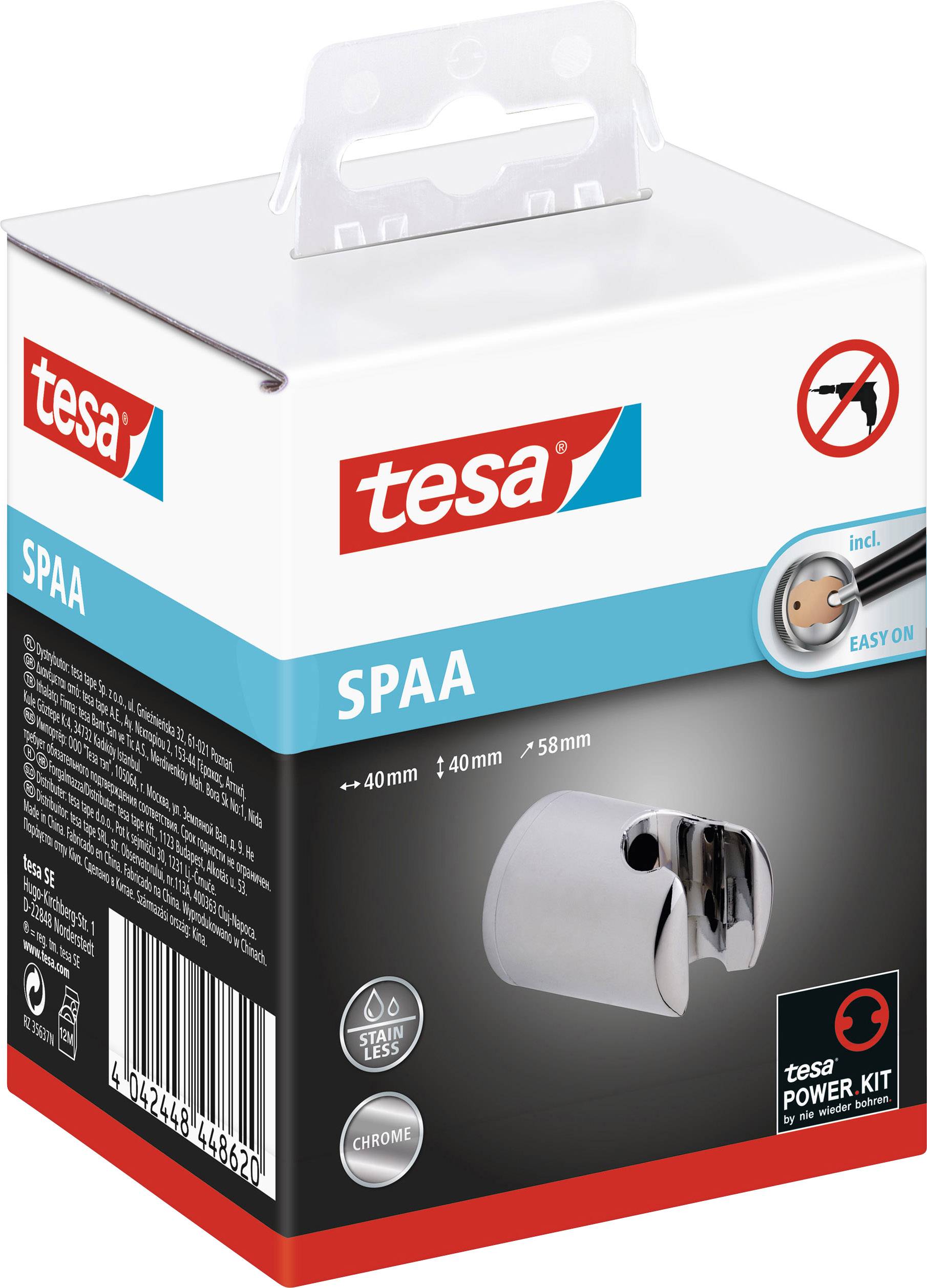 Balení 'tesa SPAA' obsahuje sadu příslušenství pro montáž na stěnu. Obrázek produktu a značka jsou viditelné.
