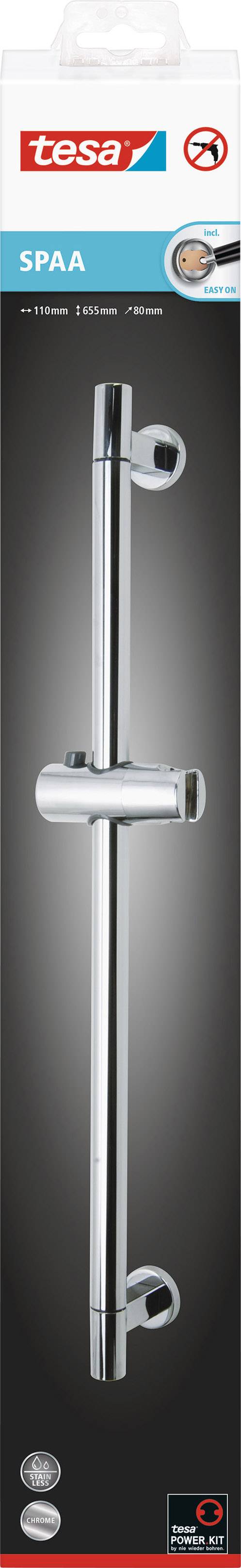 Sprchová tyč z kovu, značka 'tesa', s nápisem 'SPAA' na obalu. Součástí dodávky je montážní materiál umožňující instalaci bez vrtání.