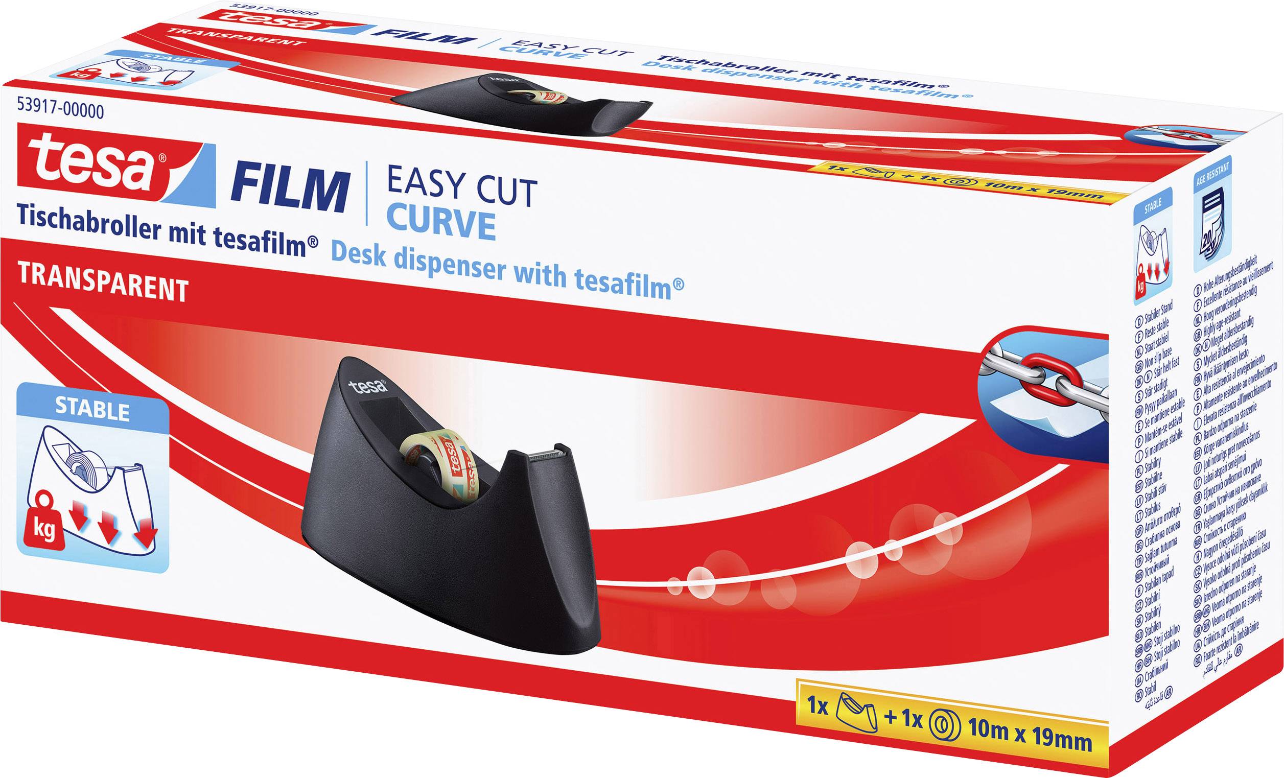Balení průhledného stolního odvíječe tesa Easy Cut Curve se silnou lepicí páskou. Obsah: 1 odvíječ, 1 role 10m x 19mm.