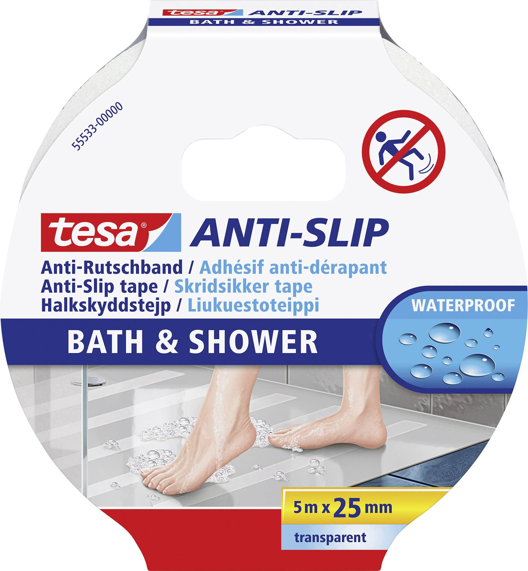 Balení protiskluzové pásky 'tesa Anti-Slip Bath & Shower', 5 m x 25 mm, protiskluzová páska do sprchy a koupelny, voděodolná, s vyobrazením chodidel na mokrém povrchu.