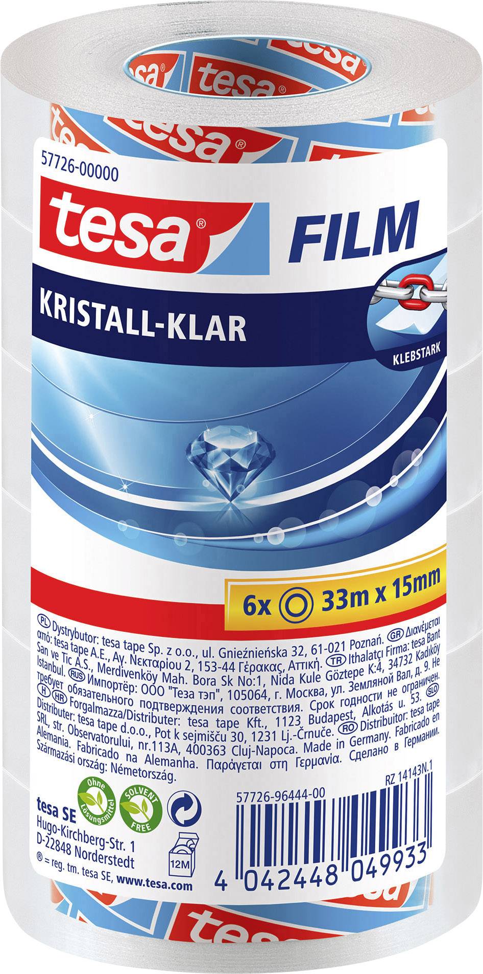 Jeden balíček 'tesa Film' křišťálově čirý, 6 rolí, 33 m x 15 mm. Produktový štítek s informacemi o výrobci a čárovým kódem je viditelný.