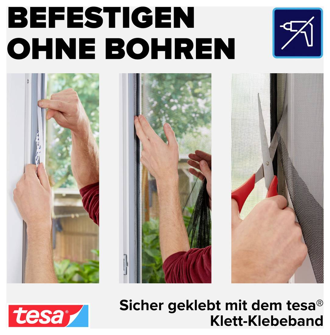 Reklama na tesa Klett-lepicí pásku: Upevnění bez vrtání, připevnění a rozříznutí rukou na okenní rám.