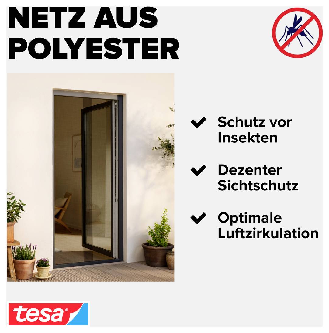 Reklamní obrázek pro „Síť z polyesteru": Ochrana před hmyzem na otevřeném okně; Výhody: Ochrana před hmyzem, nenápadná, optimální cirkulace vzduchu.
