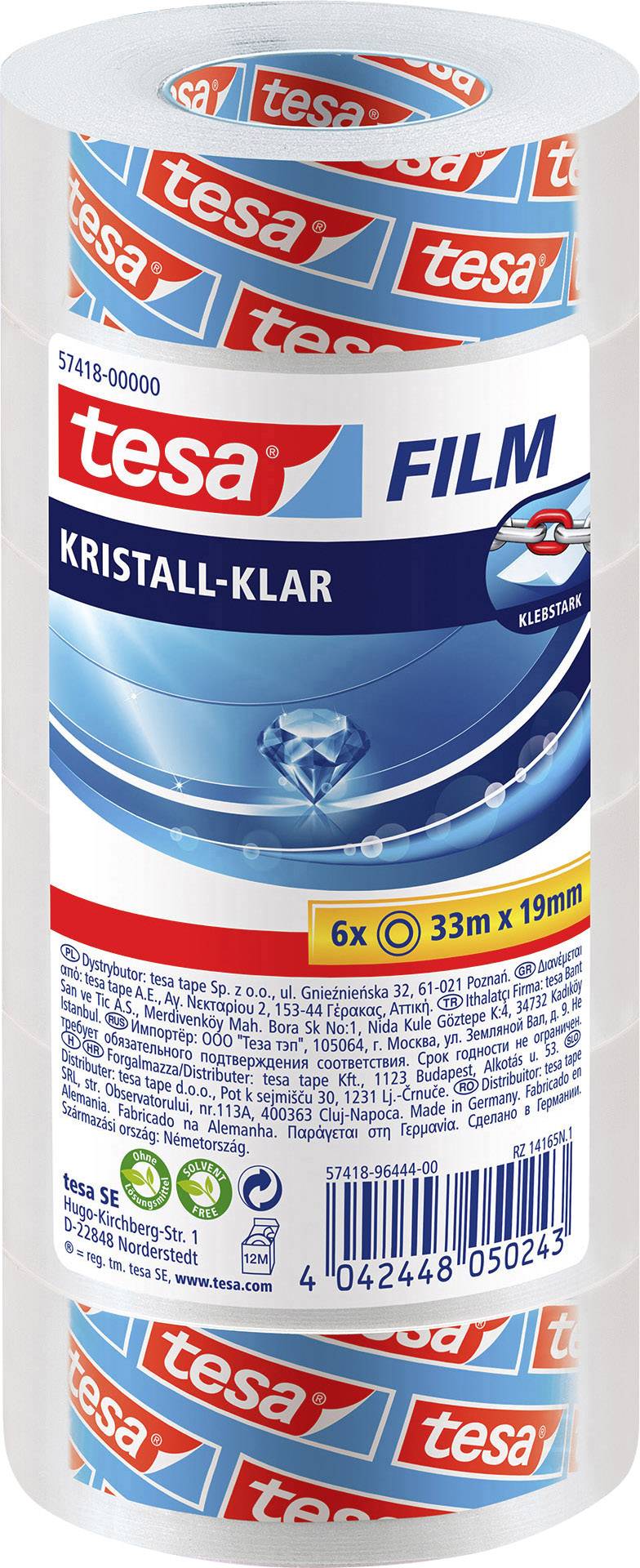 Role průhledné lepicí pásky značky Tesa, označená jako 'Kristall-Klar', v průhledném obalu.