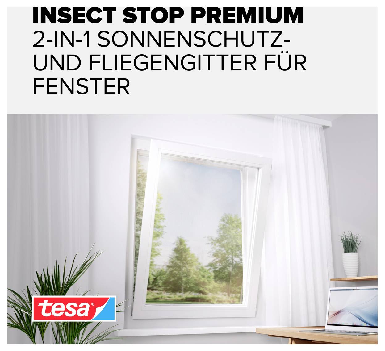 Reklamní obrázek pro 'INSECT STOP PREMIUM': 2v1 ochrana před sluncem a síť proti hmyzu na otevřeném okně v jasné místnosti.