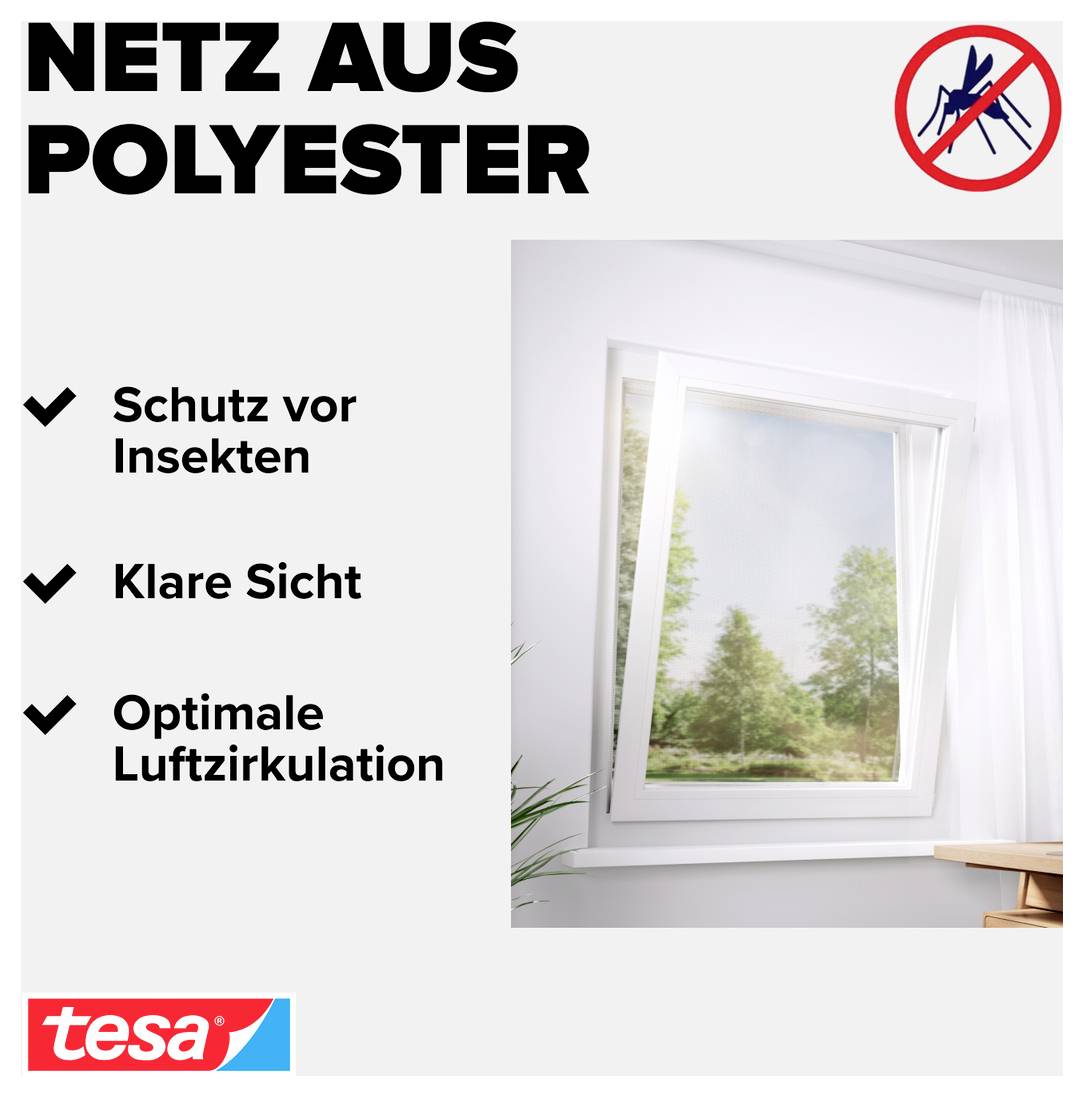 Reklamní plakát pro „Síť z polyesteru" s ochranou proti hmyzu: čirý výhled a optimální cirkulace vzduchu; zobrazuje okno se sítí a logo tesa.