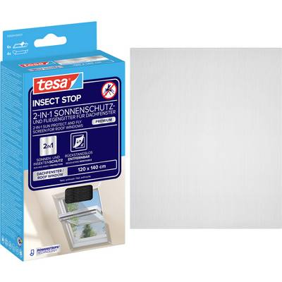 Balení pro tesa Insect Stop 2-in-1 sluneční a ochranný síť proti hmyzu pro střešní okna, zobrazující bílý panel sítě vedle krabice.