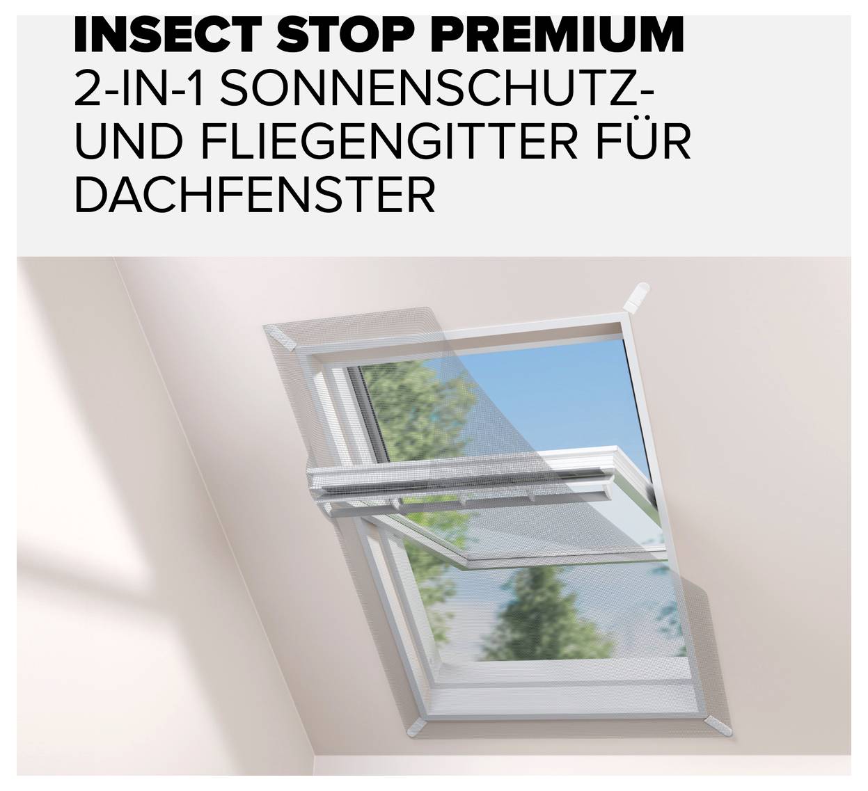 Reklamní obrázek pro 'INSECT STOP PREMIUM': 2v1 ochrana před sluncem a síť proti hmyzu na střešní okna, zobrazená na otevřeném střešním okně s funkcí ochrany před světlem a hmyzem.