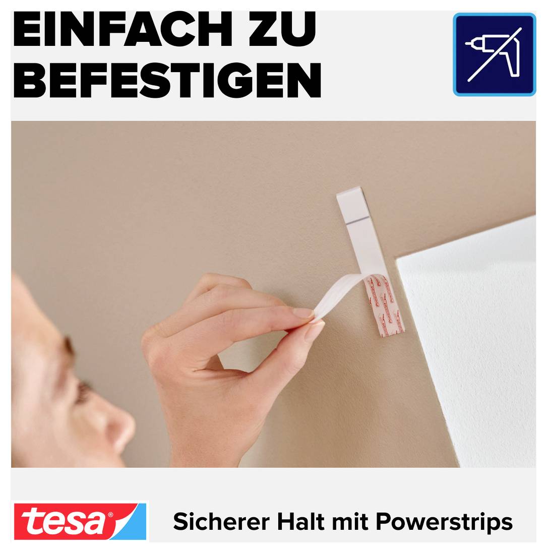 Reklamní obrázek: Ruka upevňuje obrázek pomocí tesa Powerstrips na zeď; Text 'SNADNÉ UPEVNĚNÍ' a 'Bezpečné držení s Powerstrips'.