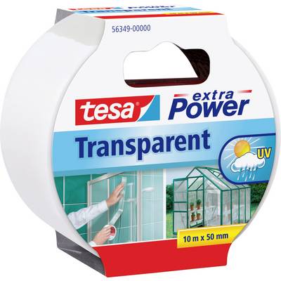 Balení lepicí pásky Tesa Extra Power Transparent. Zvýrazněna UV odolnost a rozměry: 10 m x 50 mm, s obrázkem opravy skleníku.