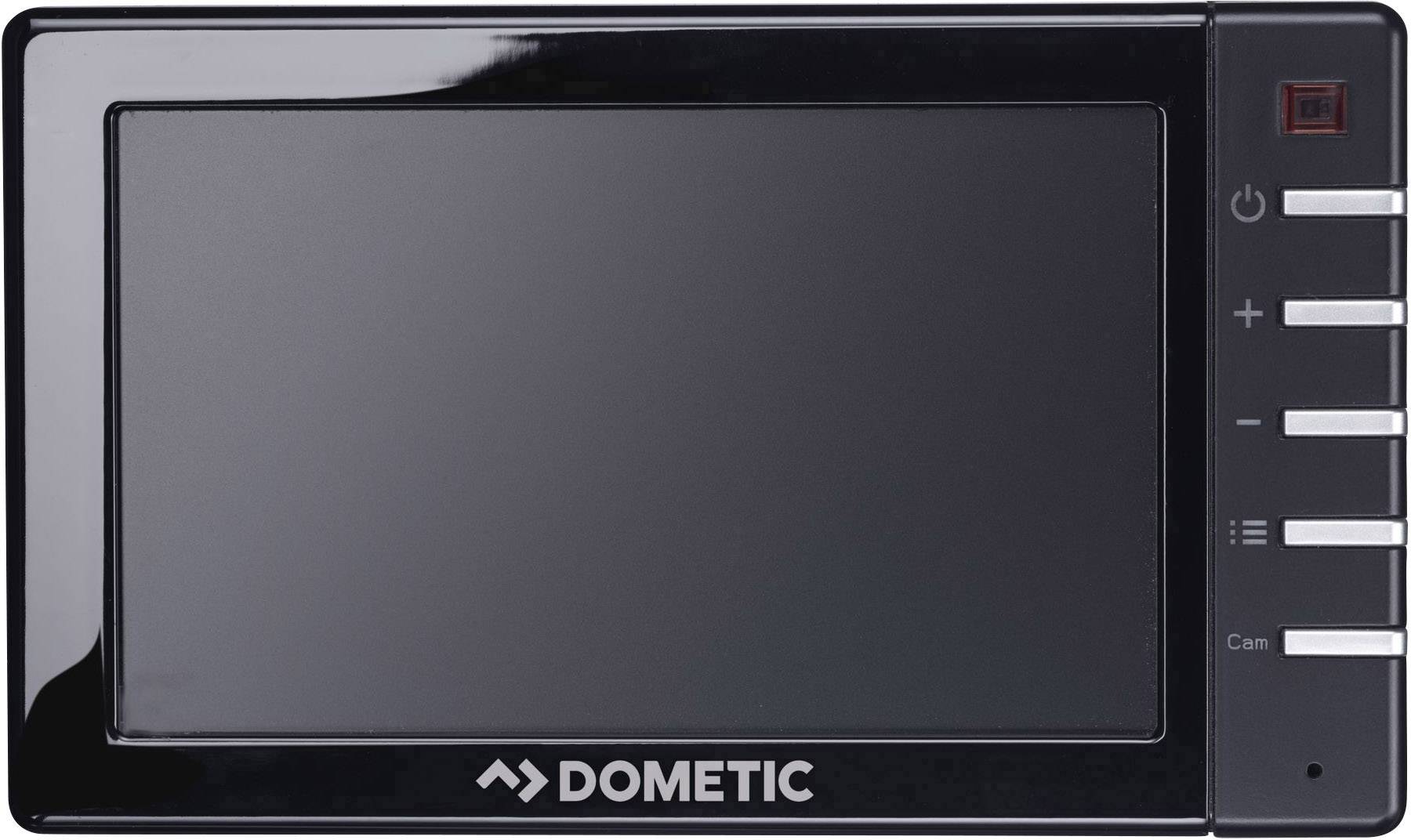 Černý displej Dometic s několika tlačítky na pravé straně, včetně tlačítek Zapnout/Vypnout, Hlasitost a Kamera.