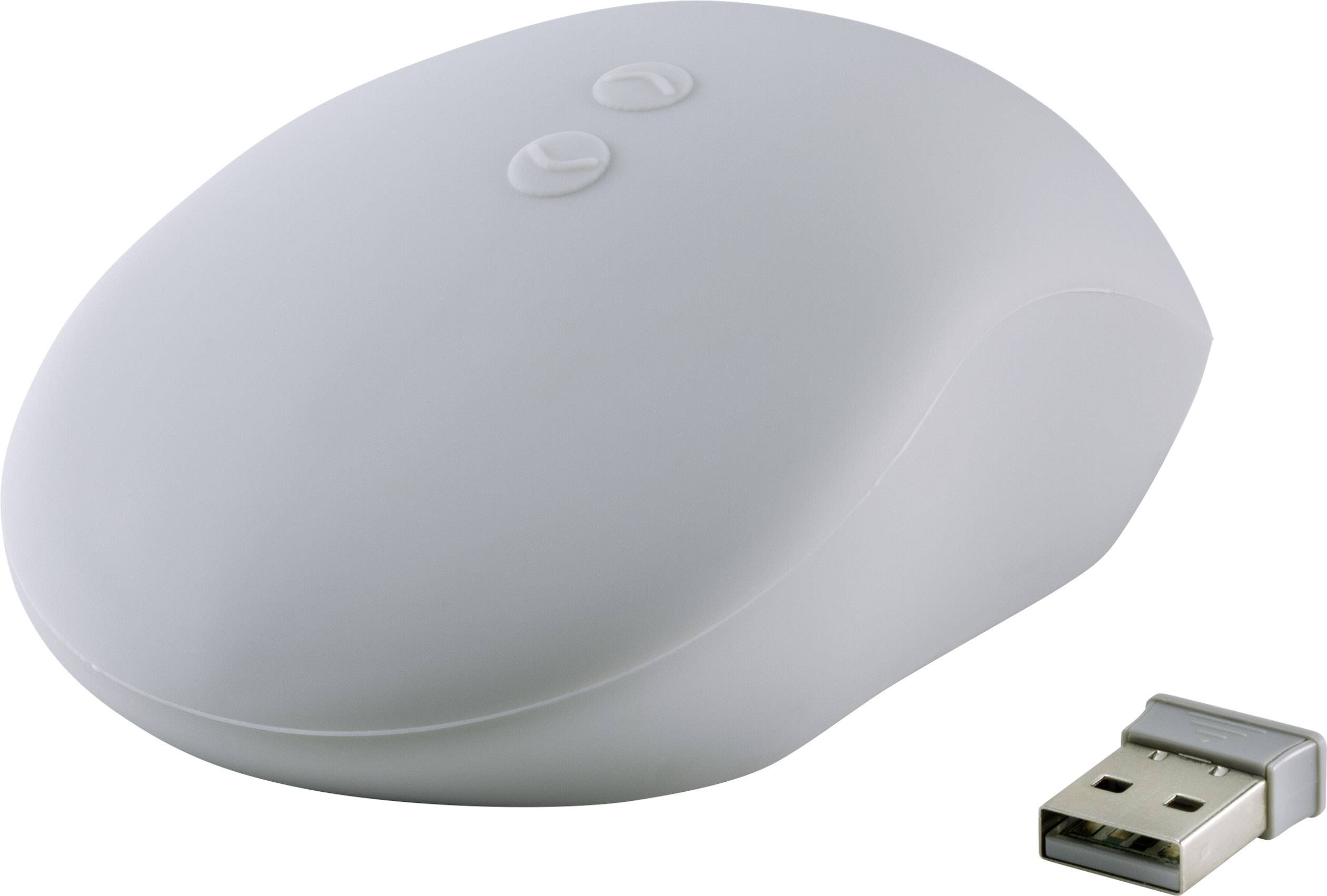 Bílá bezdrátová počítačová myš a USB přijímač.