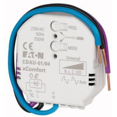 Bezdrátový Eltako spínač s několika připojovacími vodiči, vhodný pro 230V, zobrazuje symboly pro režim a programování.