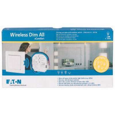 'Produktový obal pro Eaton Wireless Dim All. Zobrazuje nástěnný spínač, příkladovou aplikaci v obývacím pokoji, loga a symboly.'