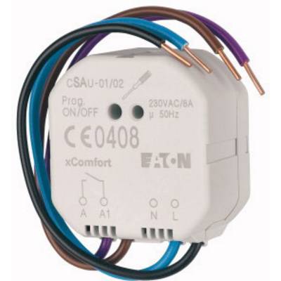 Elektrické zařízení s nápisem 'xComfort' a 'Eaton', zobrazující několik barevných kabelů a technické specifikace jako '230VAC/6A'.