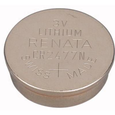 Knoflíková baterie s nápisem '3V Lithium Renata CR2477N Švýcarská výroba'.
