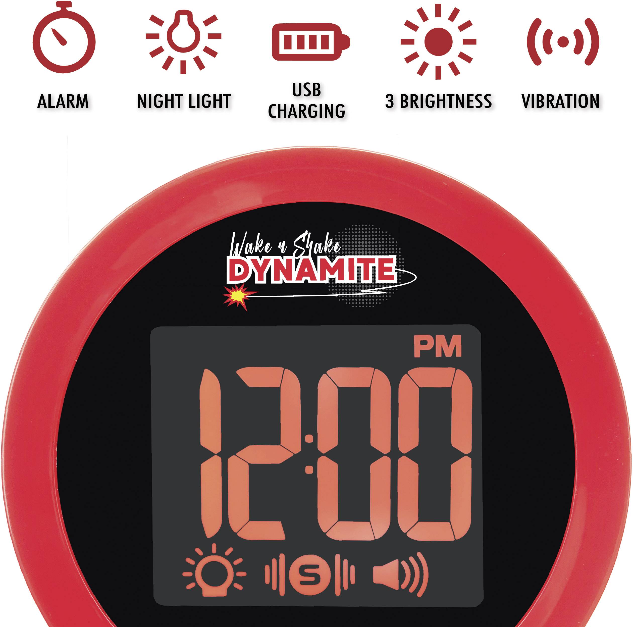 Kulatý budík s červeným okrajem ukazuje '12:00 PM'. Funkce: alarm, noční světlo, USB nabíjení, 3 úrovně jasu, vibrace.