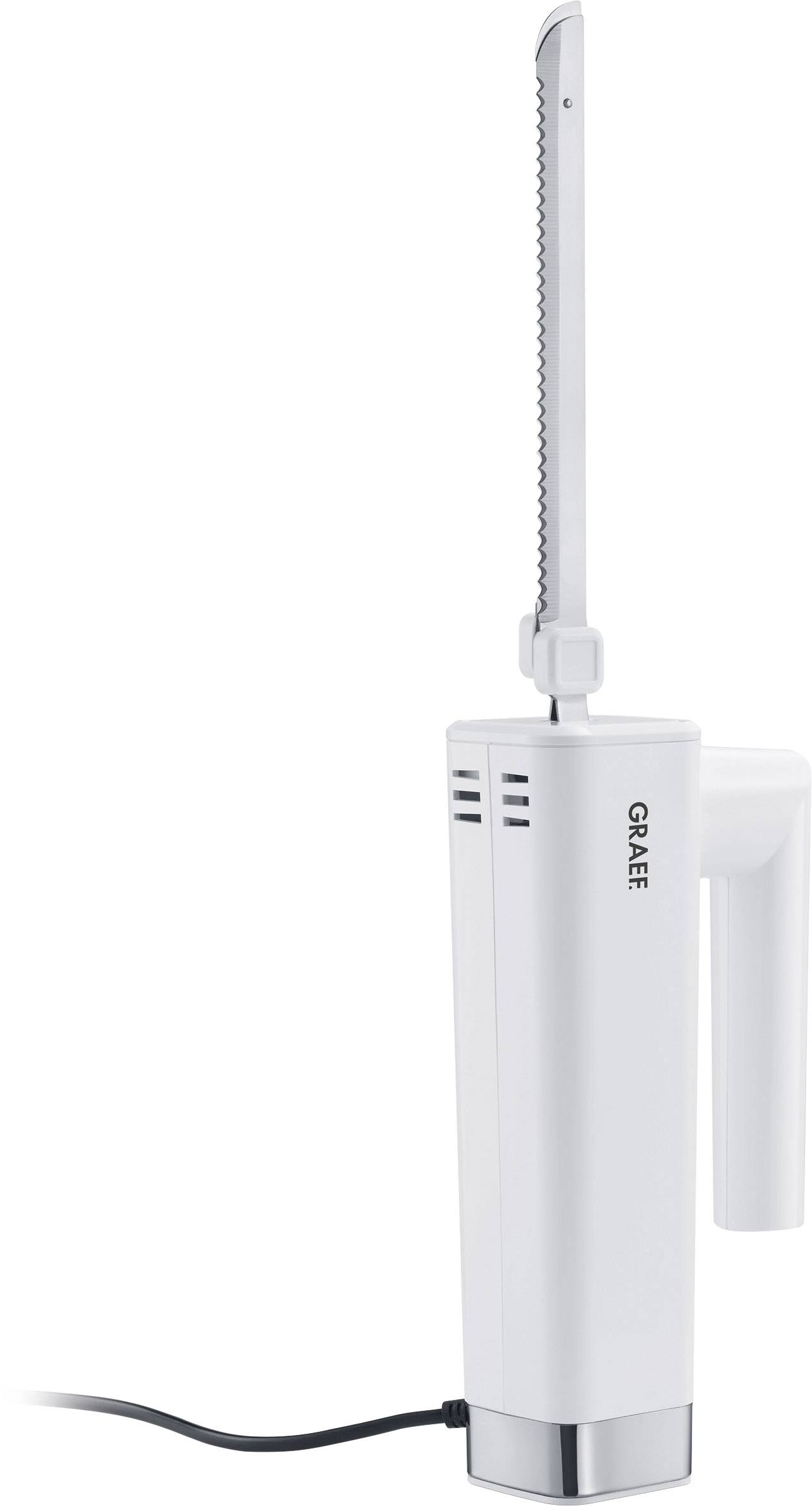 Bílý elektrický kuchyňský nůž s rukojetí a vroubkovanou čepelí.