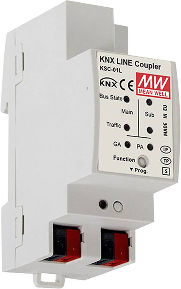 Bílý linkový spojovací člen KNX s přípojkami a LED indikátory stavu. Nápis: 'Mean Well' a certifikace CE. Vhodný pro sběrnicové systémy.