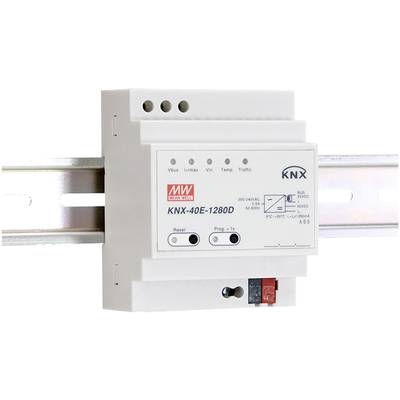Napájecí hardware pro systém KNX, montovaný na DIN lištu. Zobrazuje stavové indikátory a připojení pro elektrické spoje.