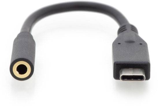 USB-C na jack audio adaptér; malý černý kabel pro převod USB-C portu na 3,5mm audio konektor.