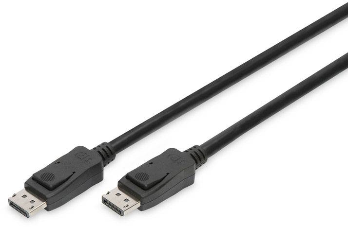 Dva černé DisplayPort kabely vedle sebe na bílém pozadí.