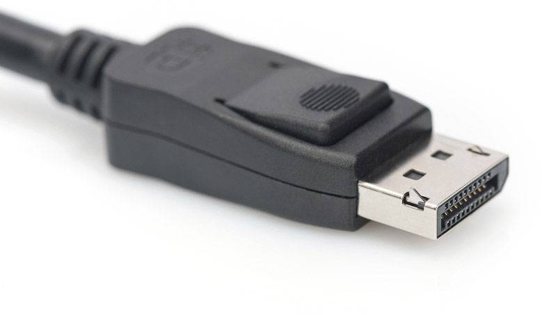 Detail konektoru DisplayPort s černým kabelem, vhodného pro přenos video a audio signálů mezi zařízeními.