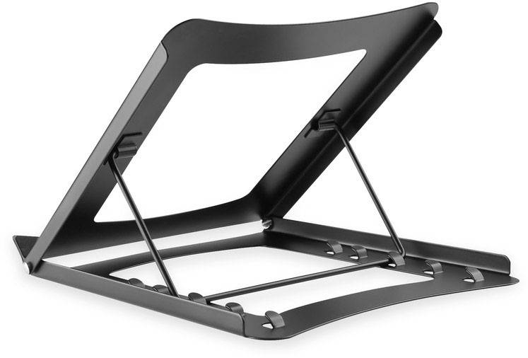 Kovový stojan na notebook, nastavitelný pro různé úhly sklonu, zlepšuje větrání a ergonomii pracovního místa.