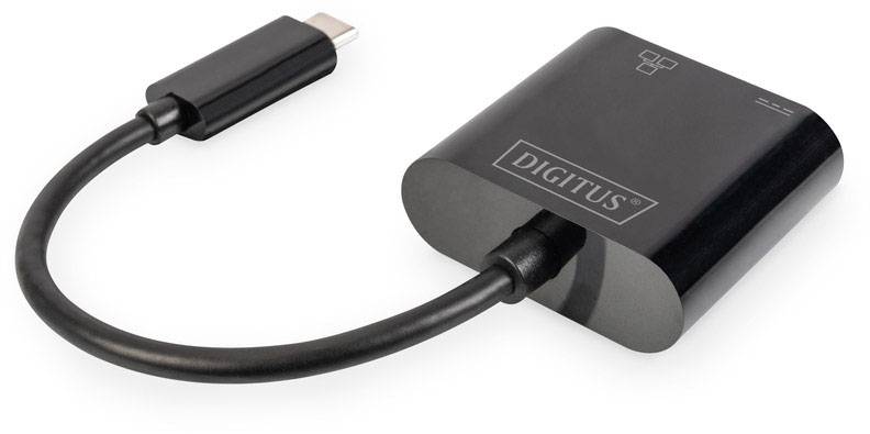 Černý USB-C na HDMI adaptér s nápisem 'DIGITUS'. Adaptér má krátký kabel s USB-C koncovkou a HDMI připojením.